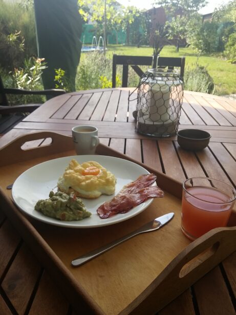 Pohleda na stůl na zahradě, kde na stole leží talíř s quacamole, pečenými vajíčkem a slaninou.